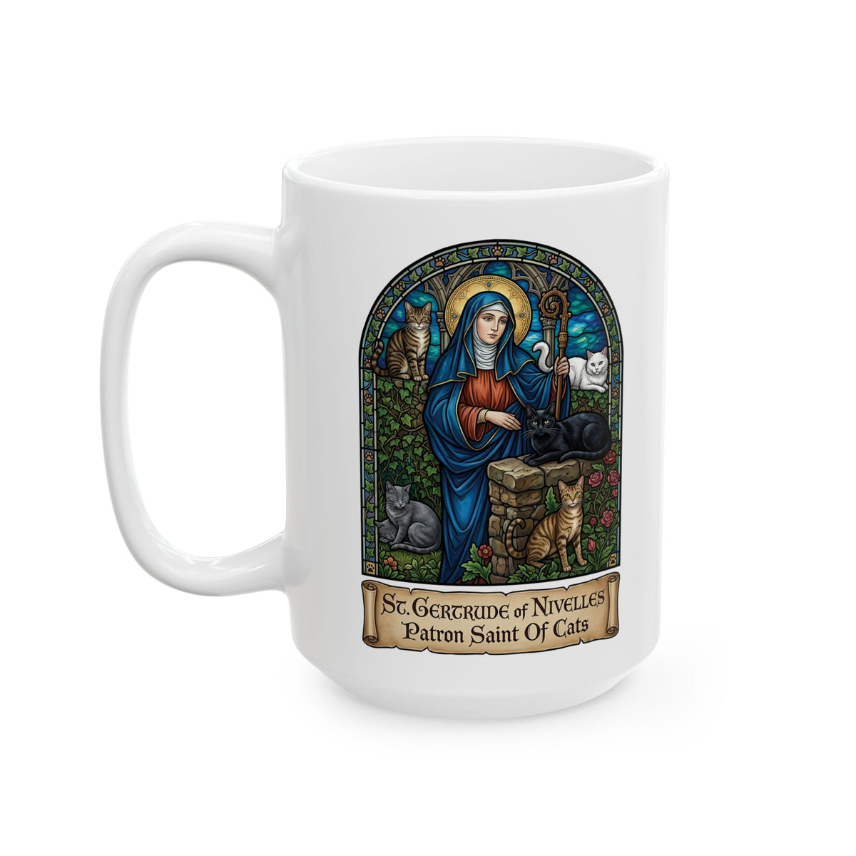 Saint Gertrude of Nivelles Cat Patron Ceramic Mug — Patron Saint of Cats Mug