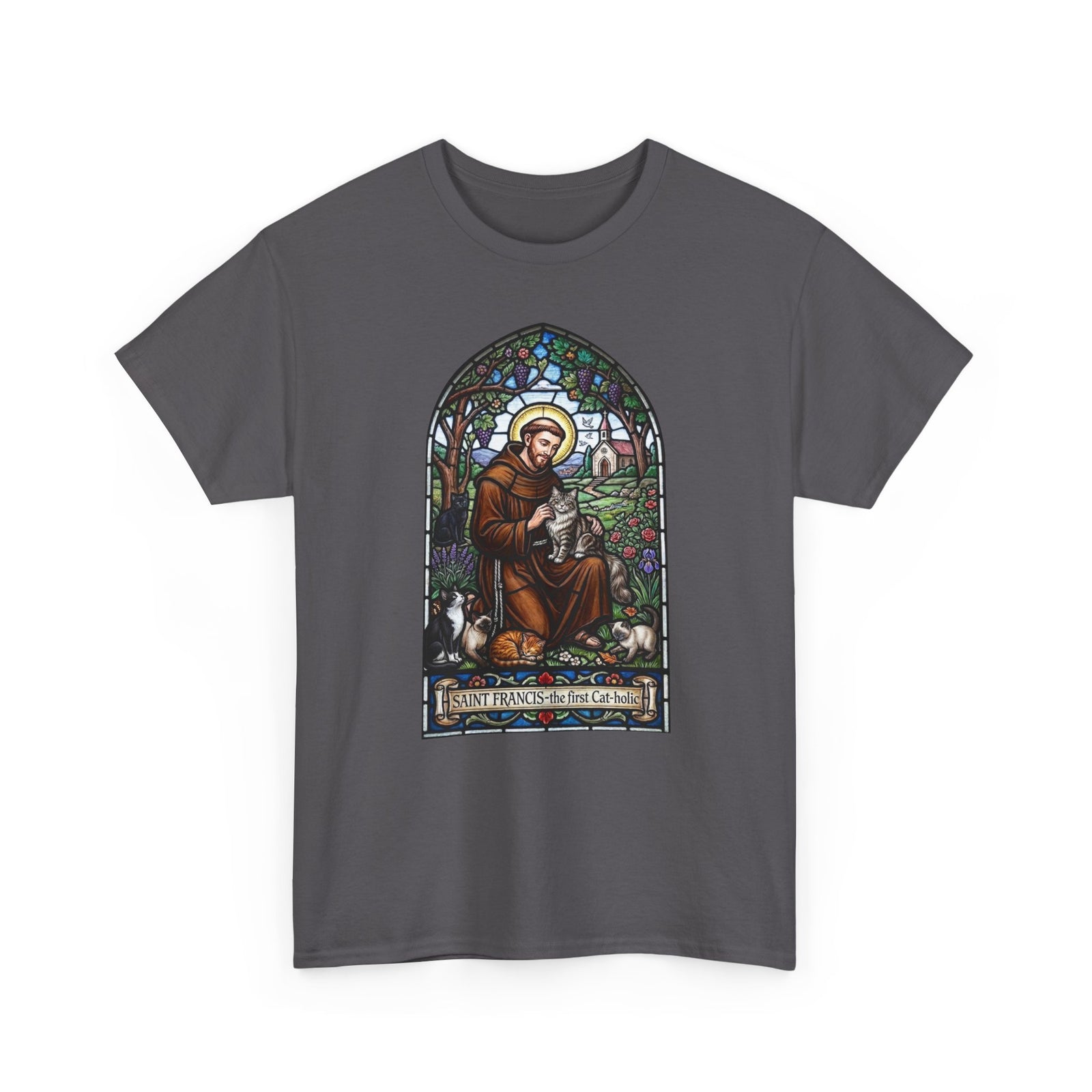 Saint Francis Cat T-Shirt — "SAINT FRANCIS — the first Cat-holic"