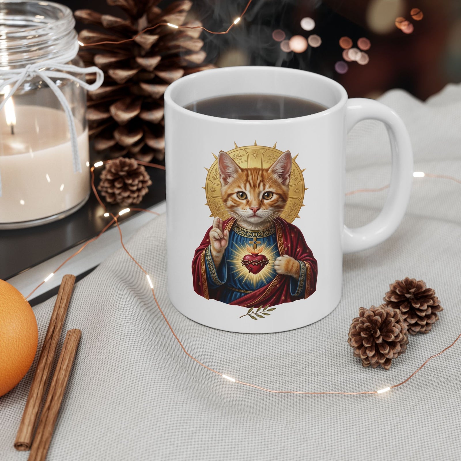 Sacred Heart Cat Ceramic Mug — Christian Religious Cat Lover Graphic Mug