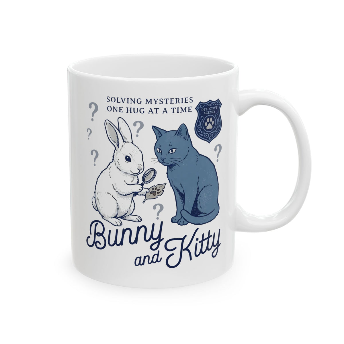 Detective Bunny & Kitty Ceramic Mug — Cute 'Solving Mysteries One Hug At A Time' Mug