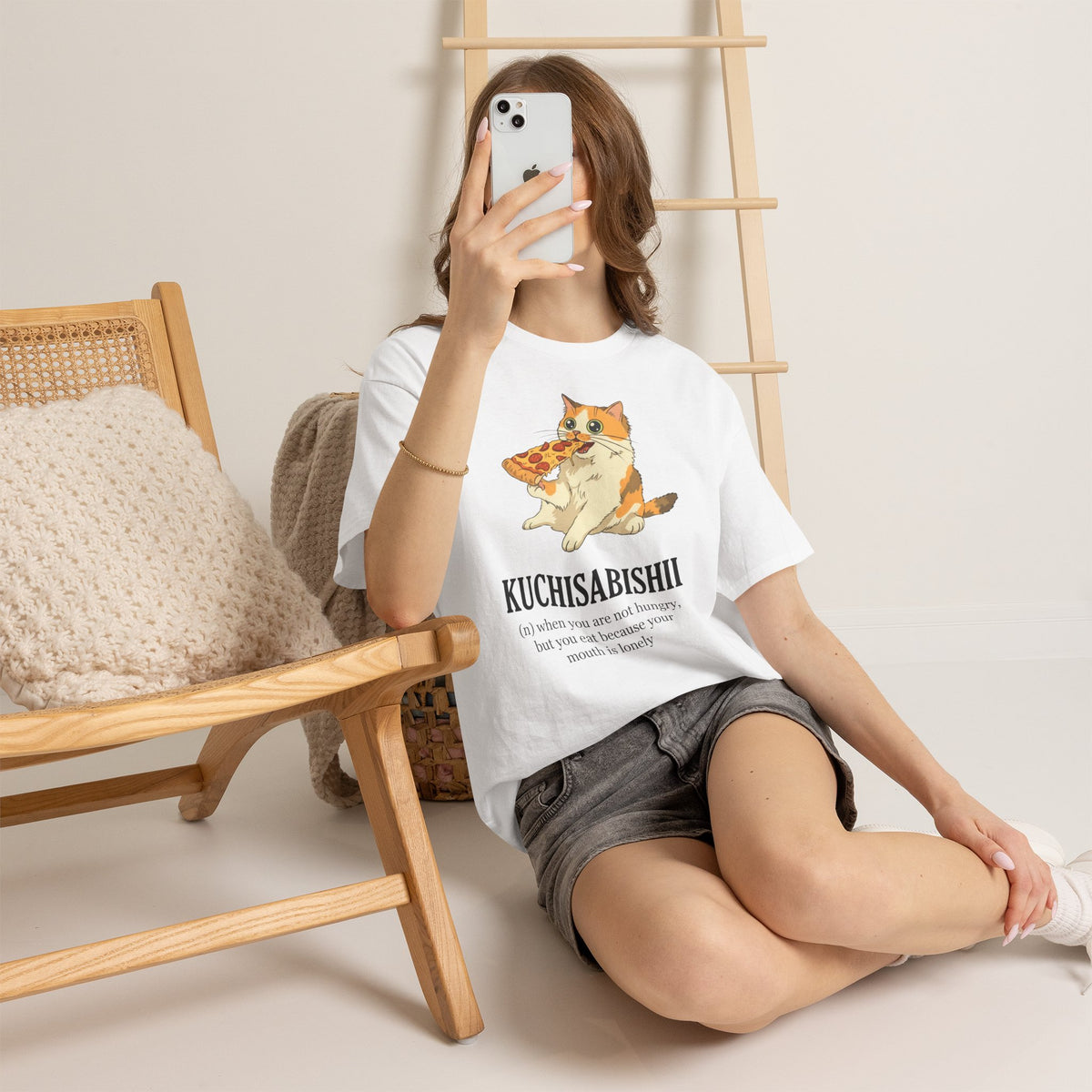 Kuchisabishii Lonely Mouth T-Shirt — Funny Cat Eating Pizza Tee