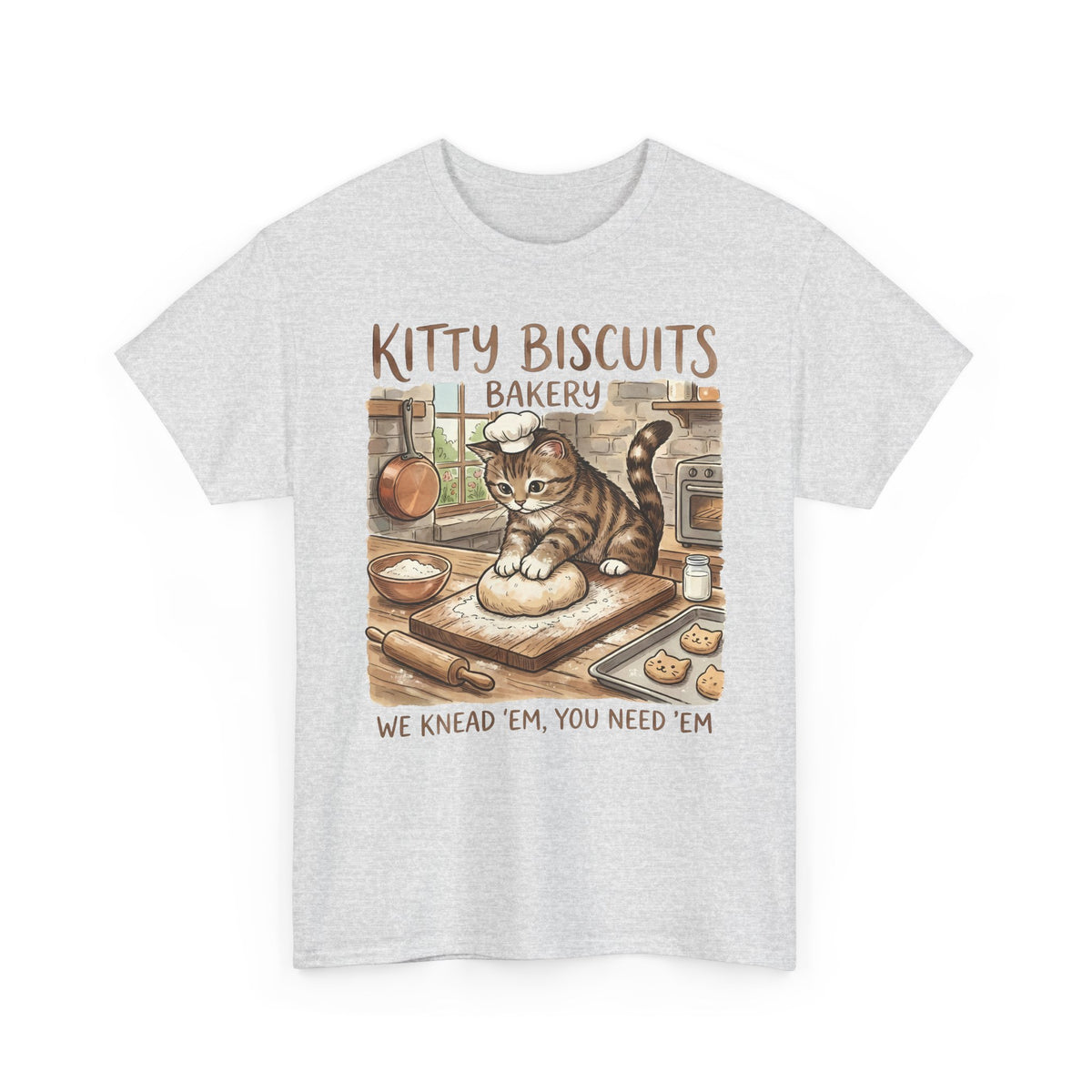 Kitty Biscuits Bakery T-Shirt — "We Knead 'Em We Need 'Em" Cat Bakery Tee