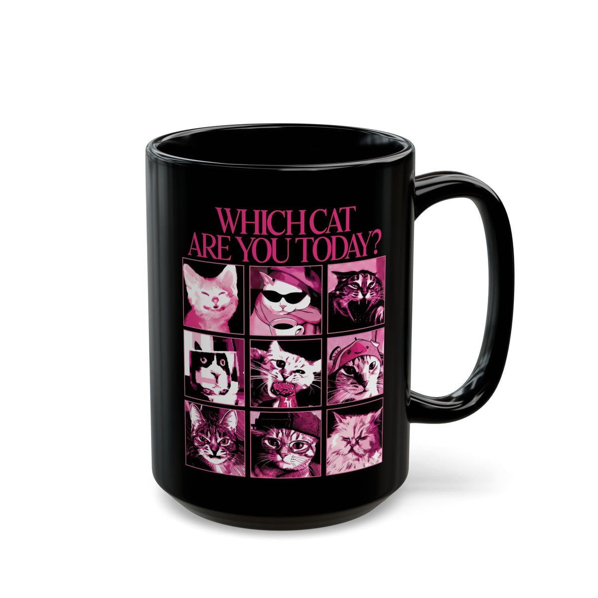 Cat Mood Chart Black Mug — Pink Pop Art Feline Expressions Graphic