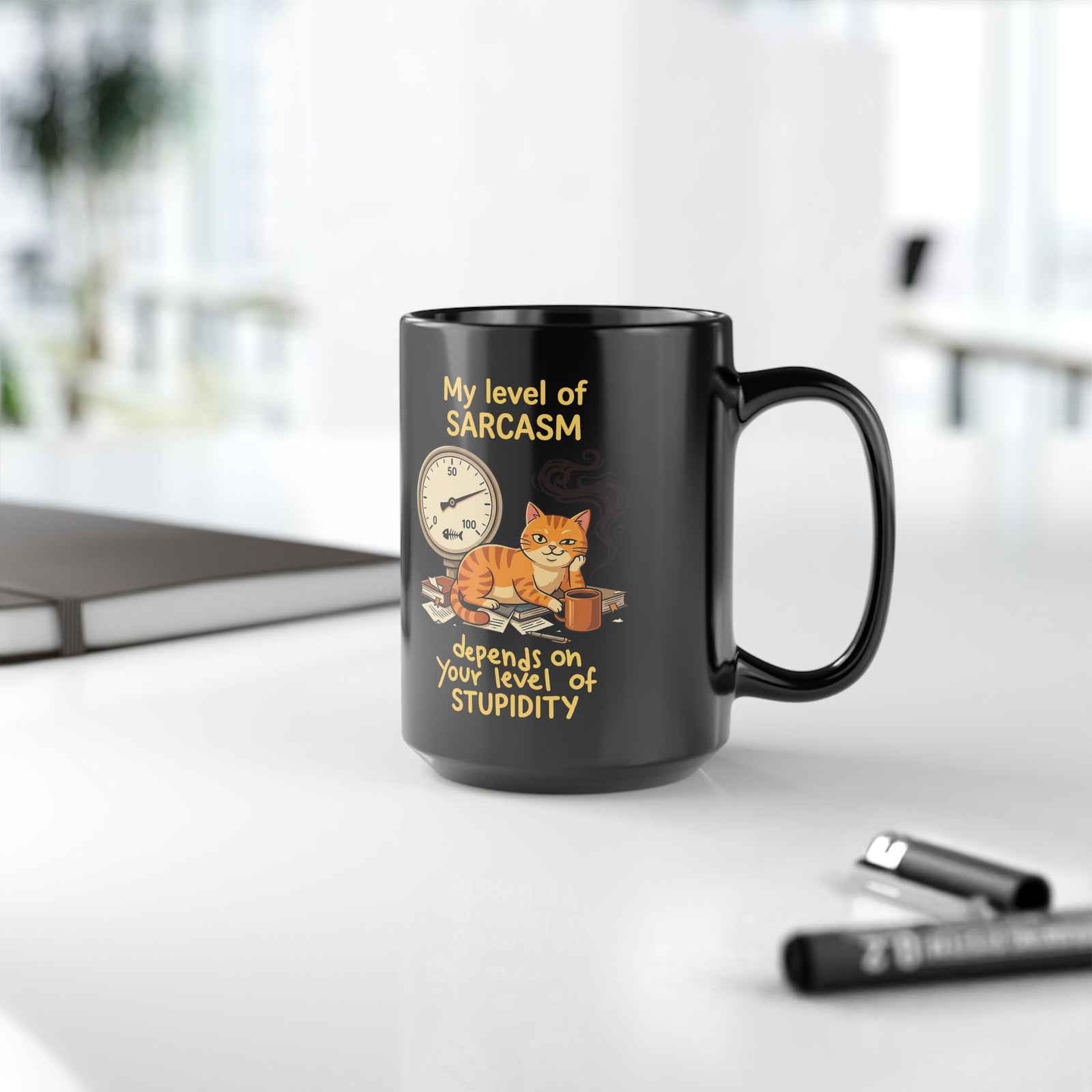 Sarcasm Depends On Your Stupidity Cat Black Mug