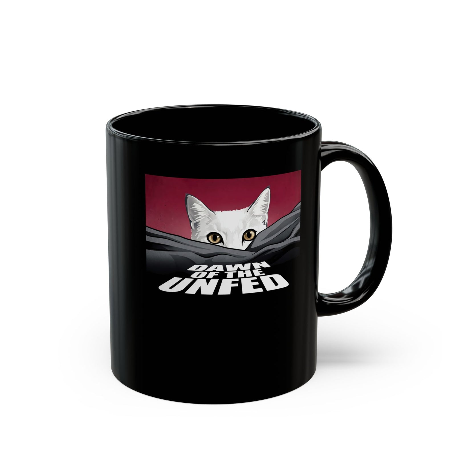 Dawn of the Unfed Black Mug — Funny White Cat Horror Movie Parody Mug