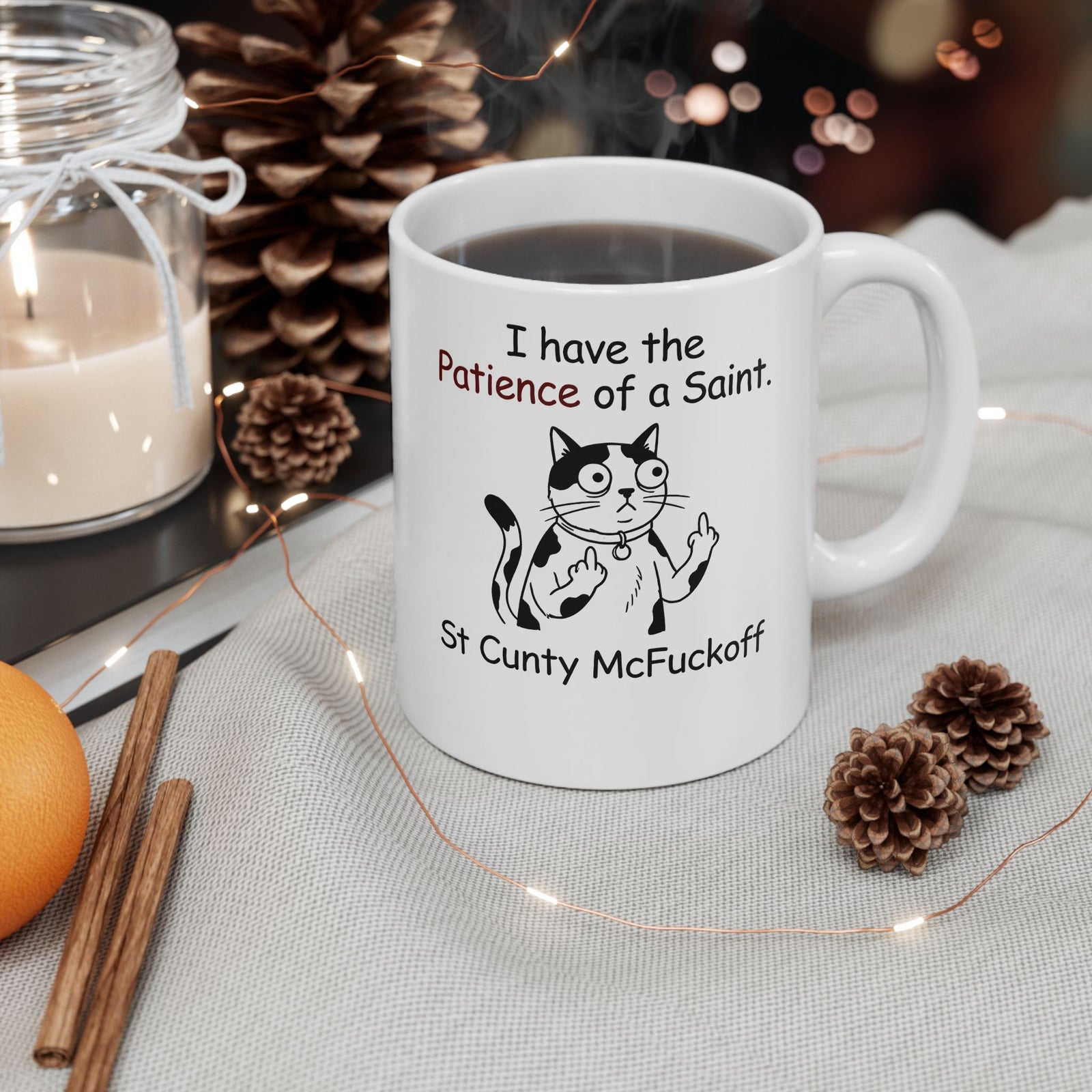 I Have the Patience of a Saint 'St Cunty Mcfuckoff' Cat Ceramic Mug