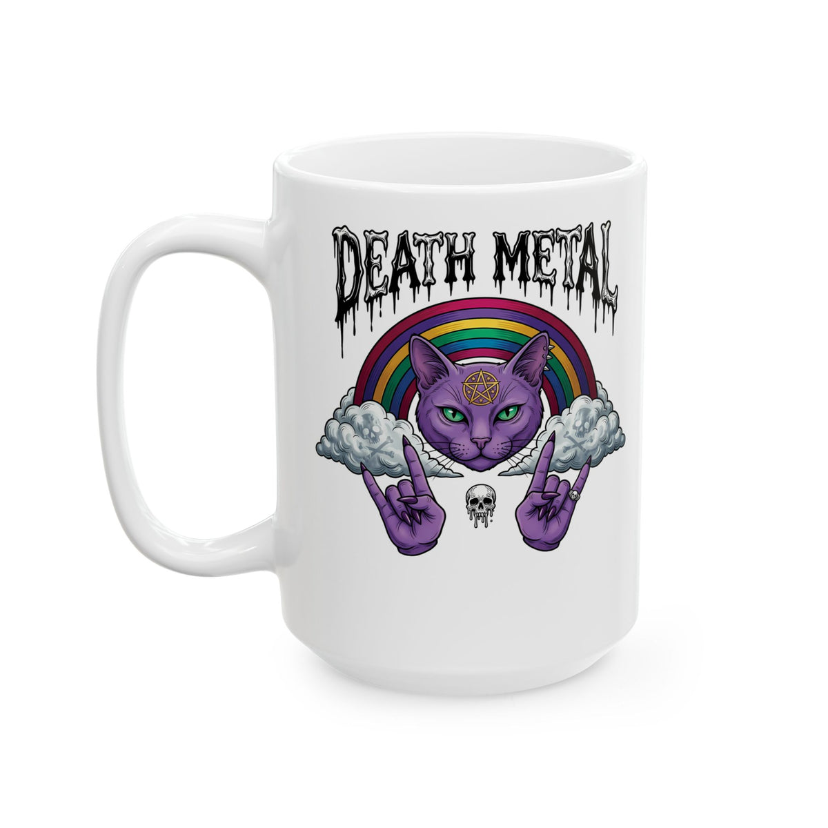 Death Metal Cat Ceramic Mug — Gothic Black Cat Mug for Metal Fans