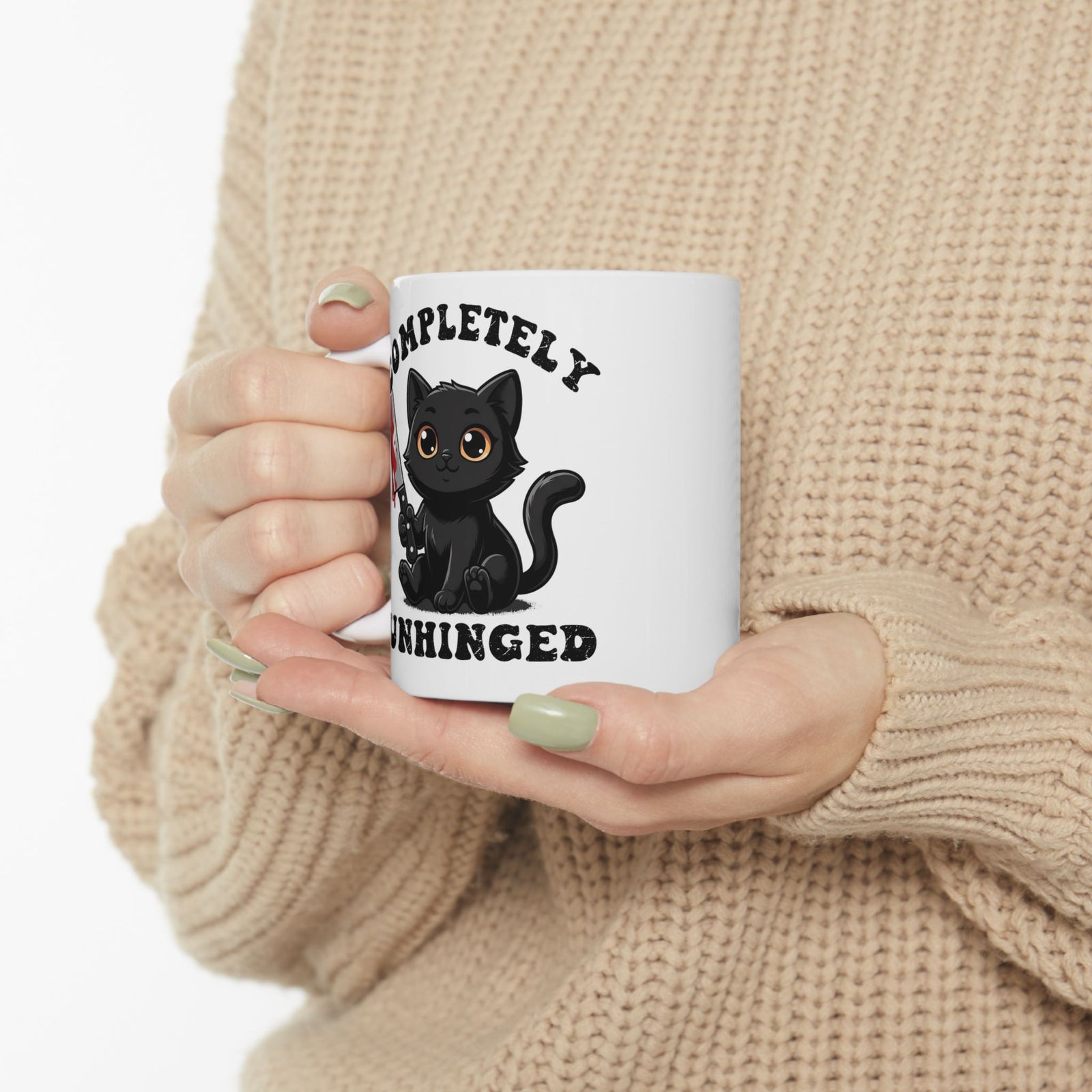 Completely Unhinged Black Cat Ceramic Mug — Funny Cute Psycho Knife Mug