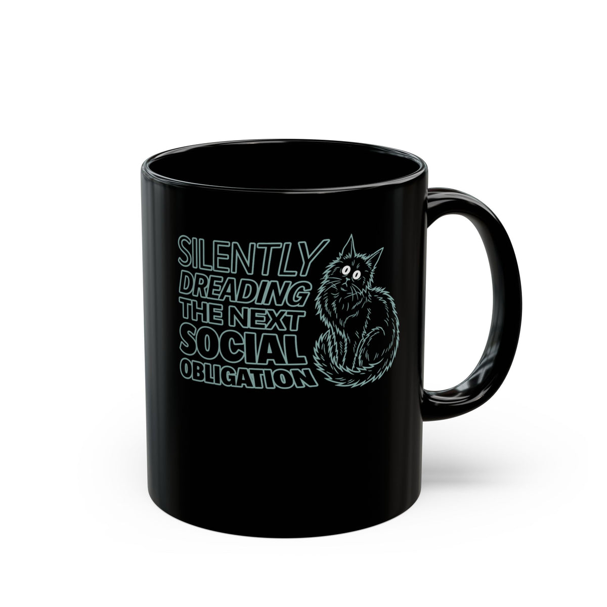 Introvert Cat Black Mug — "Silently Dreading the Next Social Obligation"