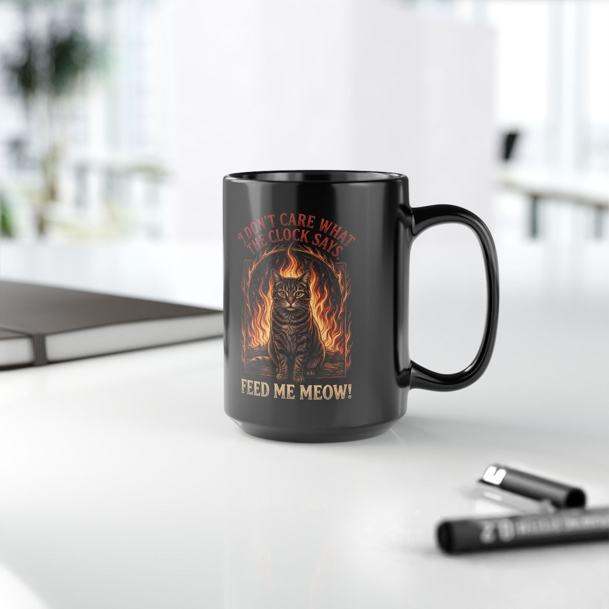 Feed Me Meow Black Mug — Funny Hungry Tabby Cat Fiery Graphic Mug