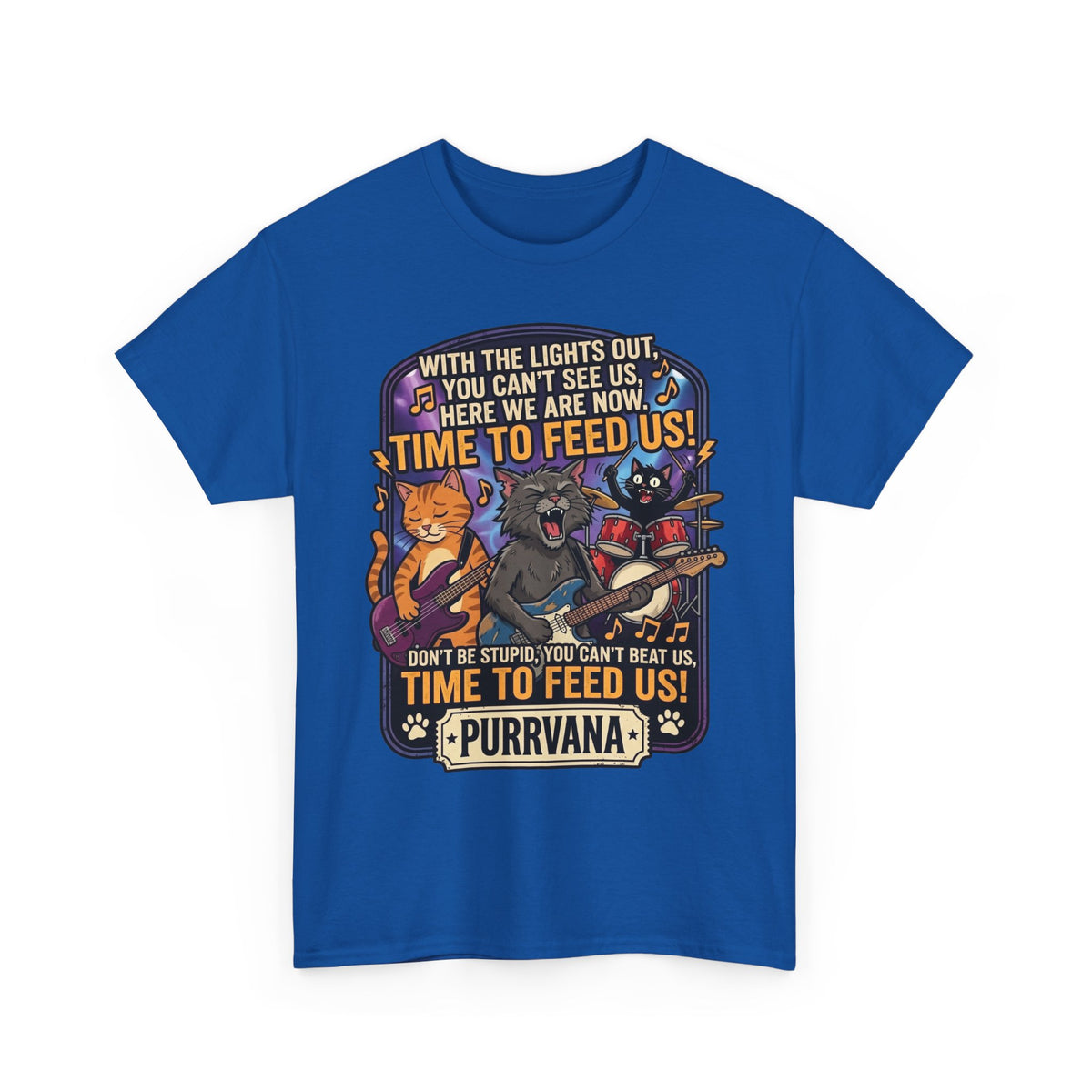 Purrvana Cat Band Graphic Tee — “Time to Feed Us!” Funny Cat Music T-Shirt