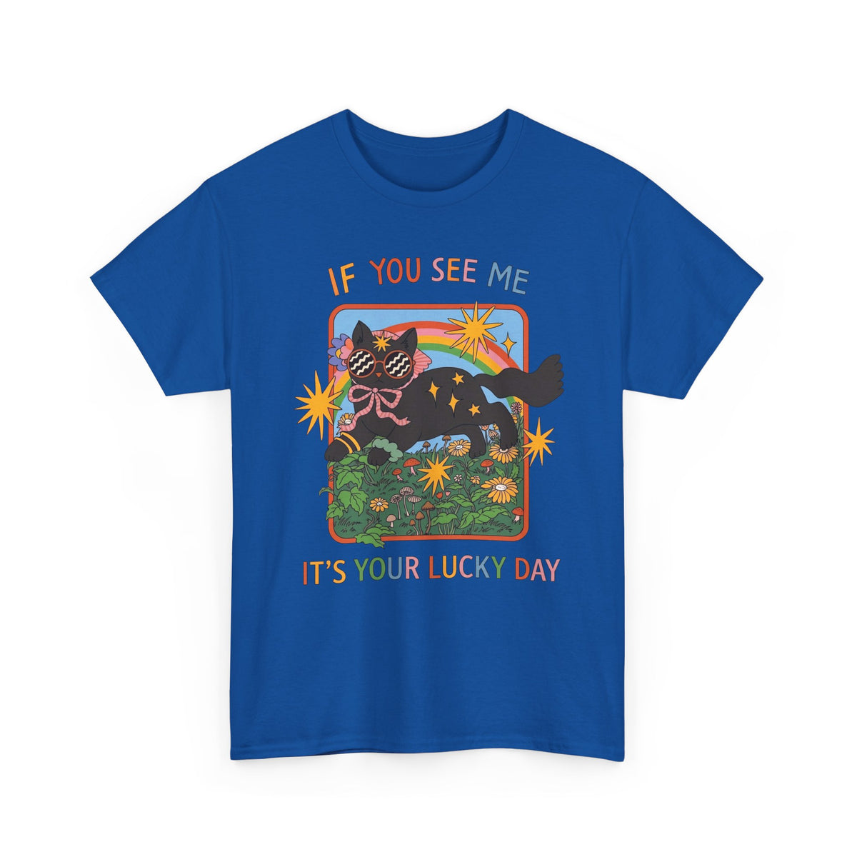 If You See Me It's Your Lucky Day T-Shirt — Retro Groovy Black Cat Rainbow Graphic Tee