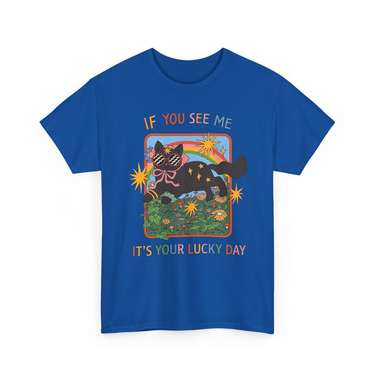 If You See Me It's Your Lucky Day T-Shirt — Retro Groovy Black Cat Rainbow Graphic Tee