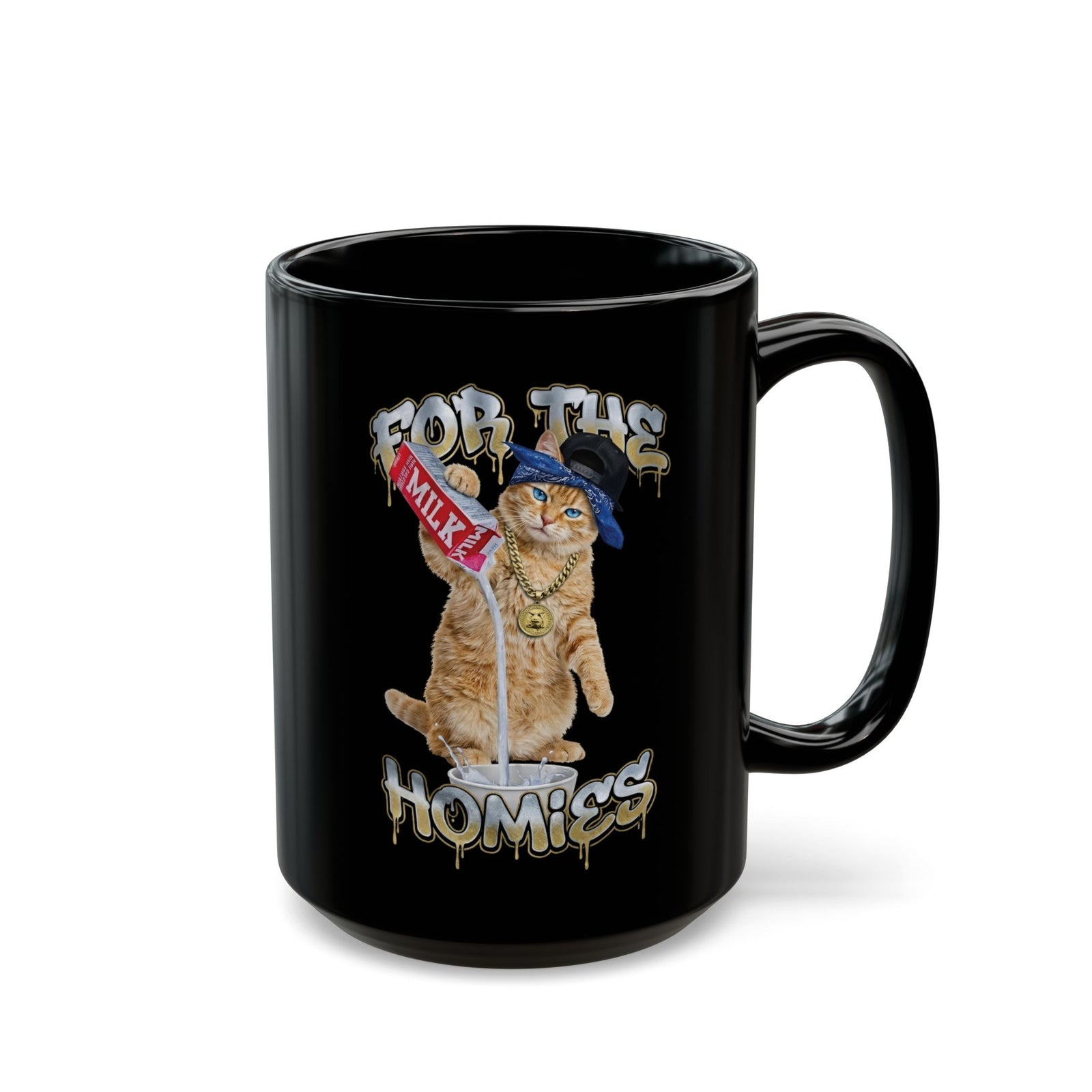 For The Homies Cat Black Mug Funny Gangster Cat Graphic Mug, Milk Pouring Cat Mug, Street Style Cat Lover Gift, Unisex Cotton Black Mug