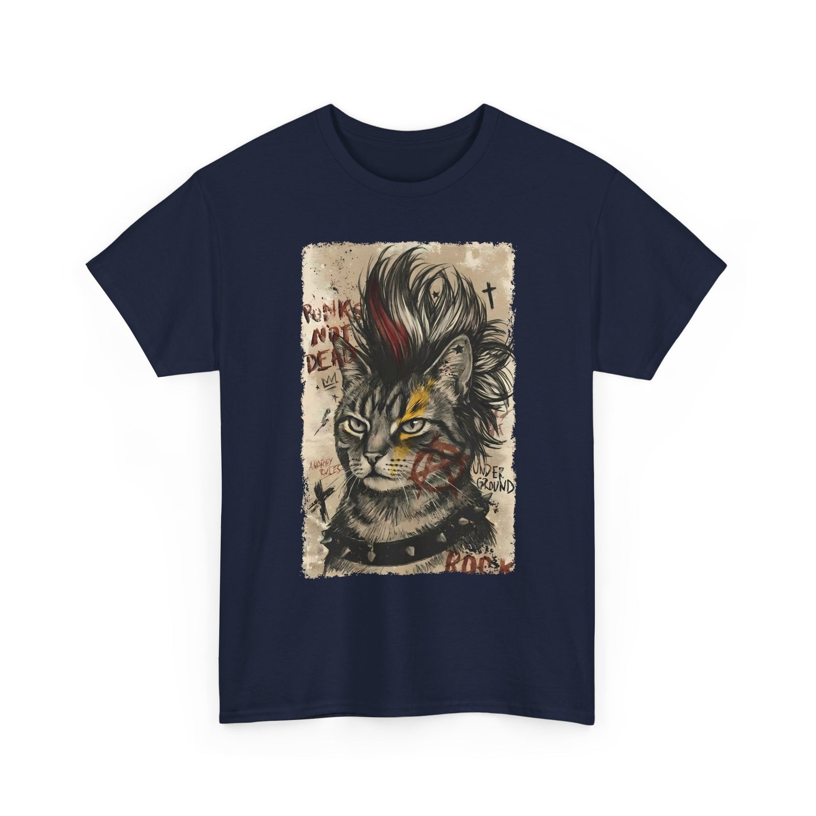 Punks Not Dead Cat T-Shirt — Edgy Mohawk Anarchy Feline Graphic