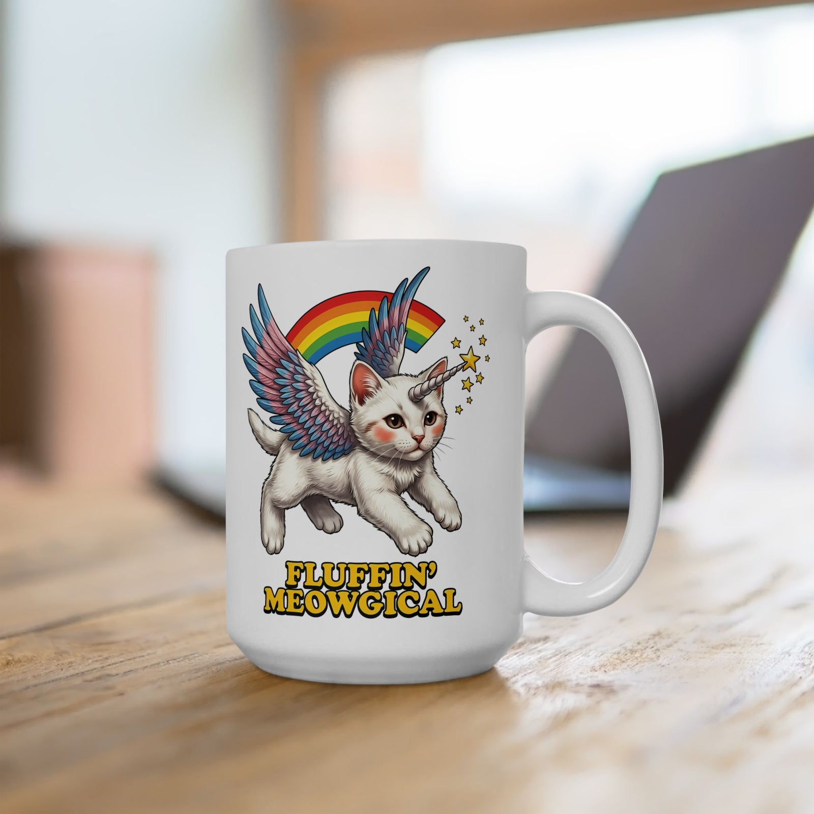 Fluffin' Meowgical Cat Ceramic Mug — Cute Unicorn Kitten Graphic
