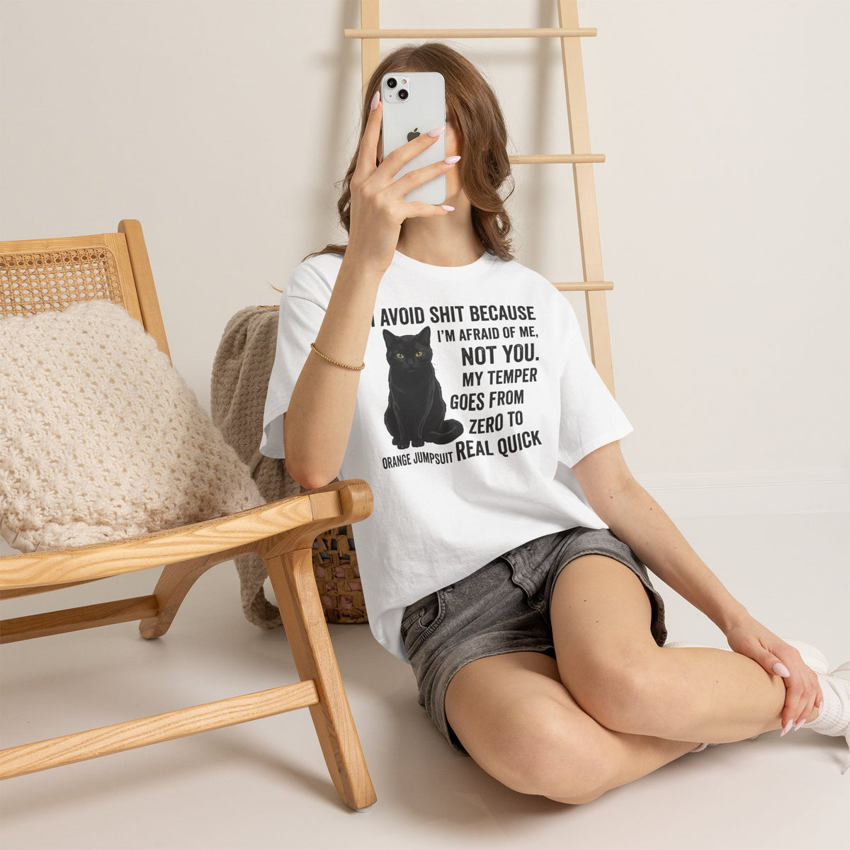 Cat Attitude T‑Shirt — "I Avoid Shit Because I’m Afraid of Me" Graphic Tee
