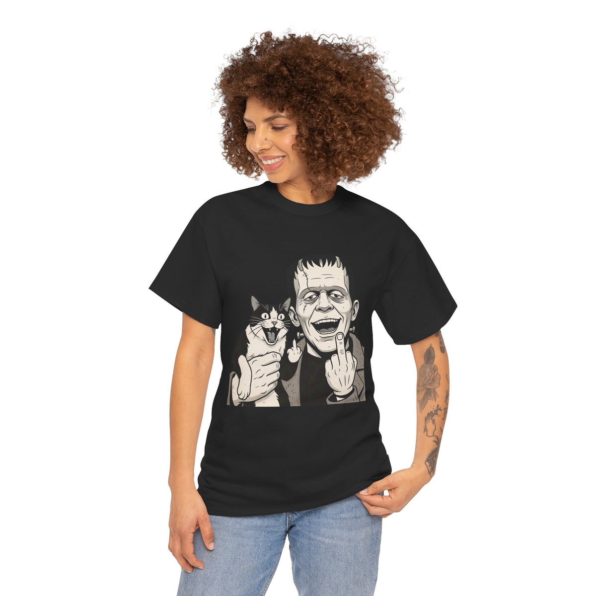 Frankenstein Cat T‑Shirt — Cute Spooky Cat & Frankenstein Design