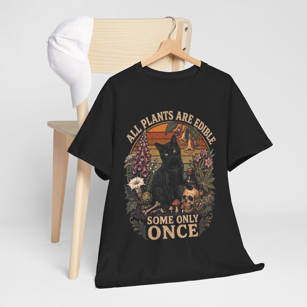 All Plants Are Edible Some Only Once T-Shirt — Funny Black Cat Botanical Tee