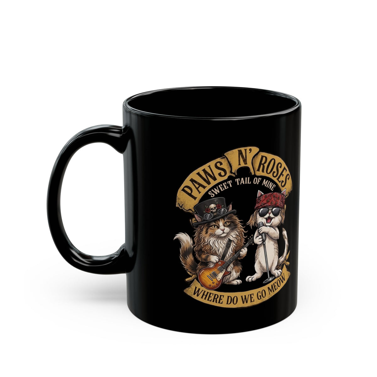 PAWS N' ROSES "Sweet Tail of Mine" Funny Cats Black Mug