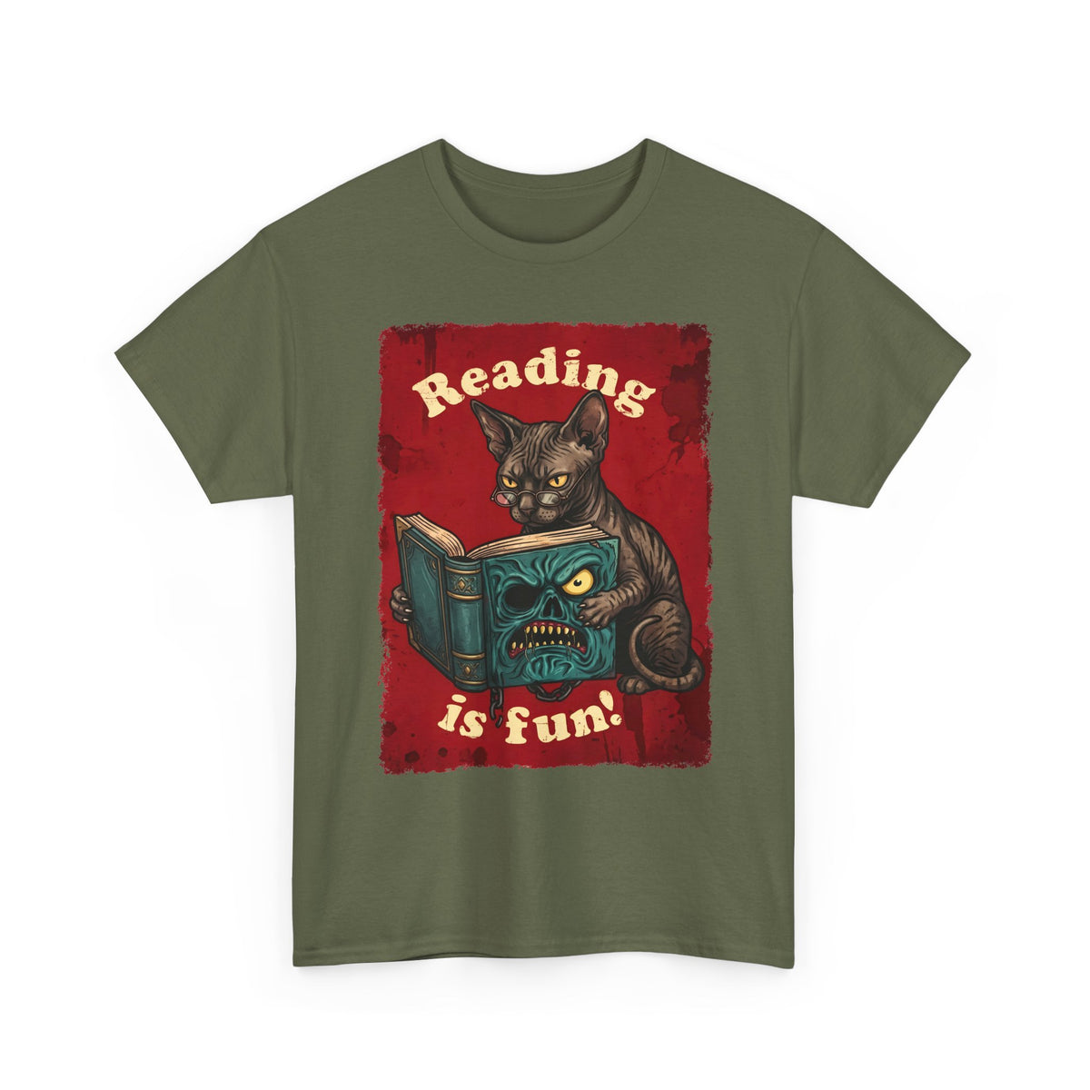 Reading Is Fun Necronomicon Sphynx Cat T-Shirt — Evil Dead Horror Book Tee