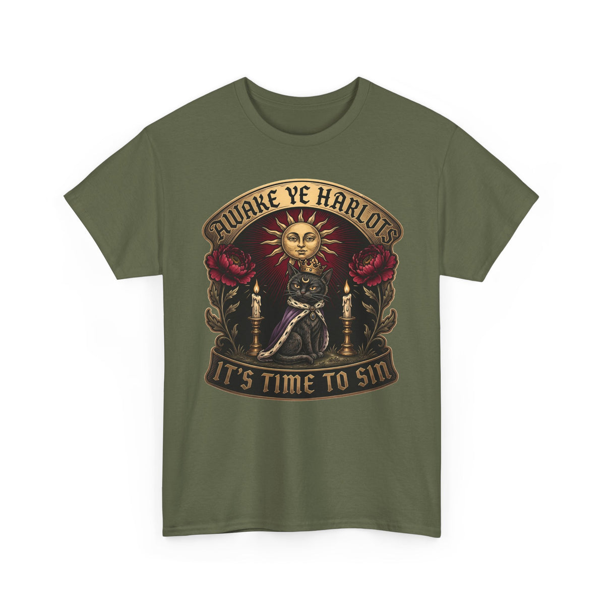 Awake Ye Harlots It's Time To Sin T-Shirt — Mystical Crowned Black Cat Tee