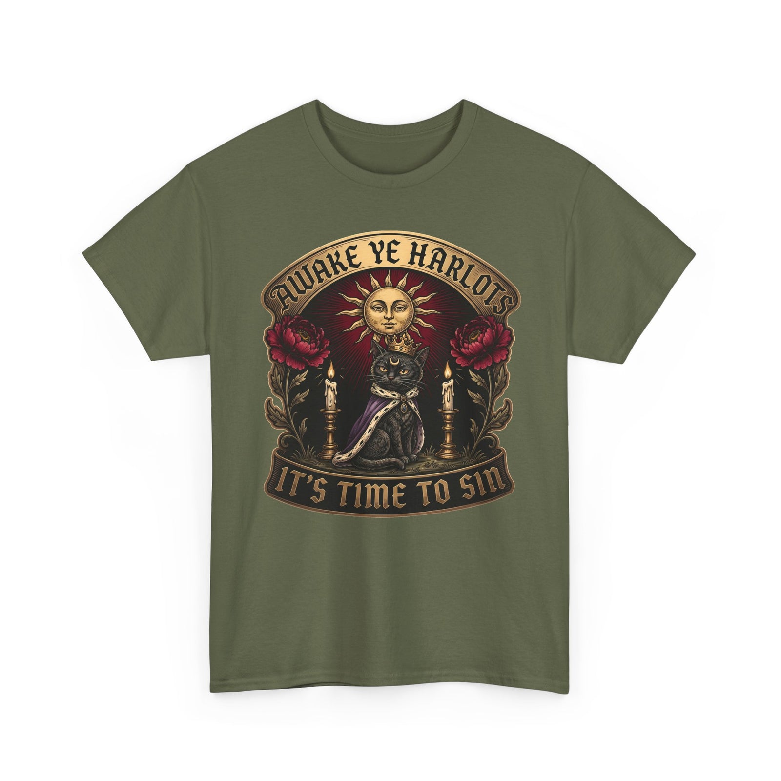 Awake Ye Harlots It's Time To Sin T-Shirt — Mystical Crowned Black Cat Tee
