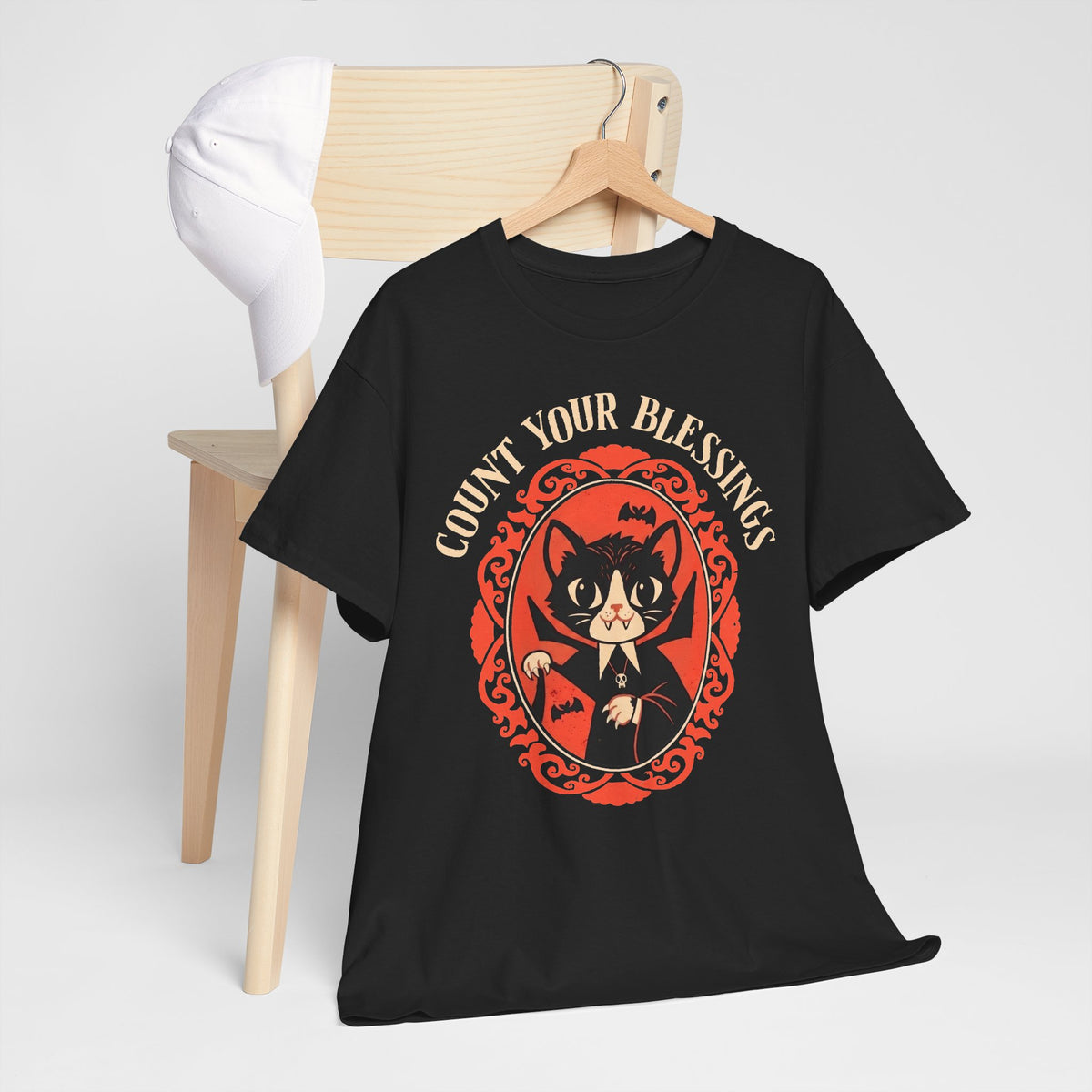 Count Your Blessings Vampire Cat — Funny Dracula Halloween Graphic Art