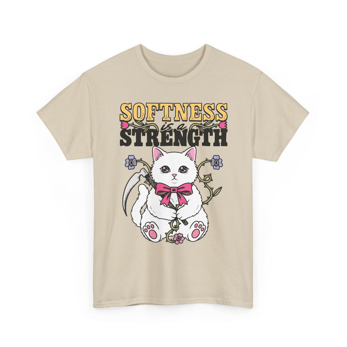 Softness Is A Strength T-Shirt — Funny Cute White Kitten Scythe Graphic Tee