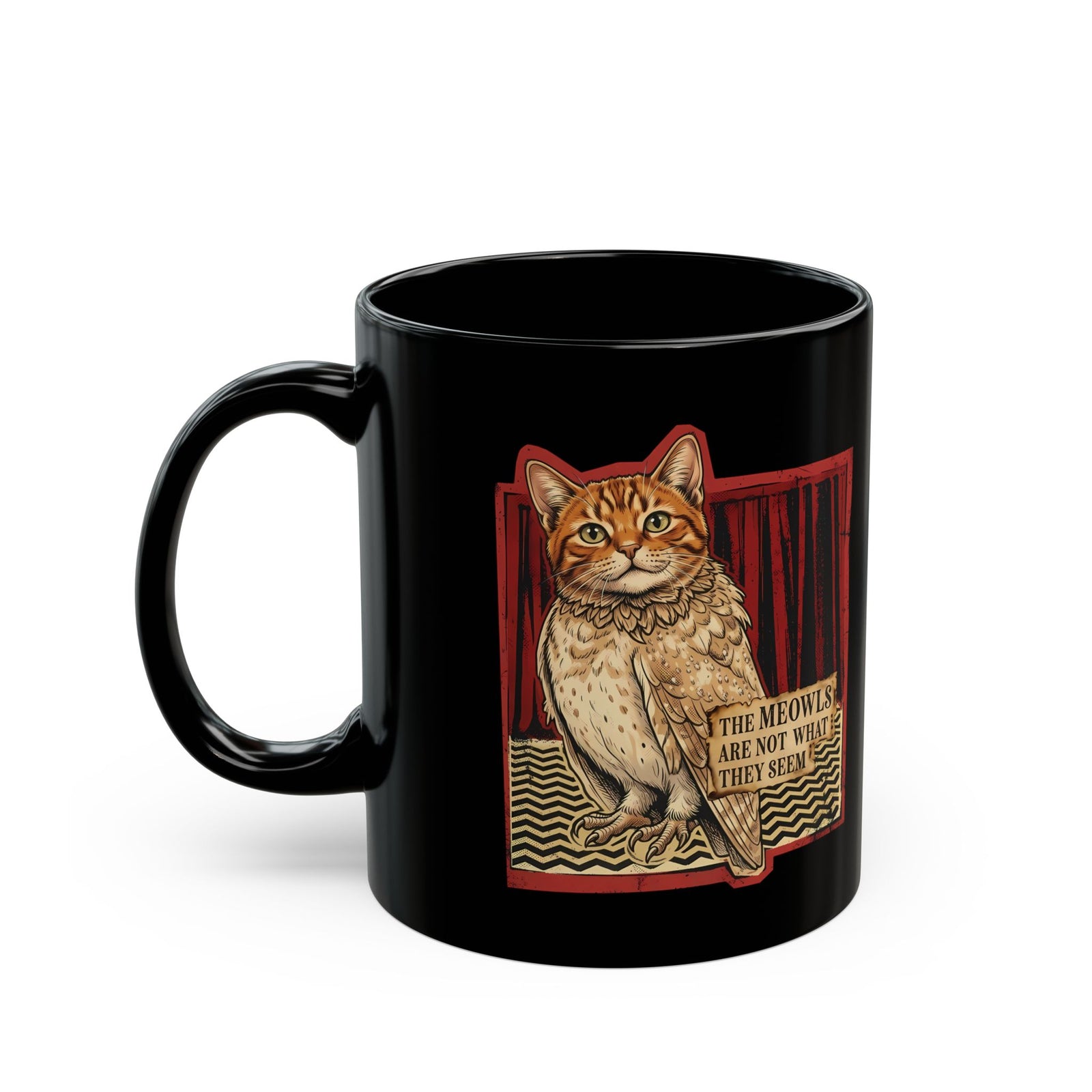 Meowls Are Not What They Seem Black Mug — Mysterious Cat Quote Mug