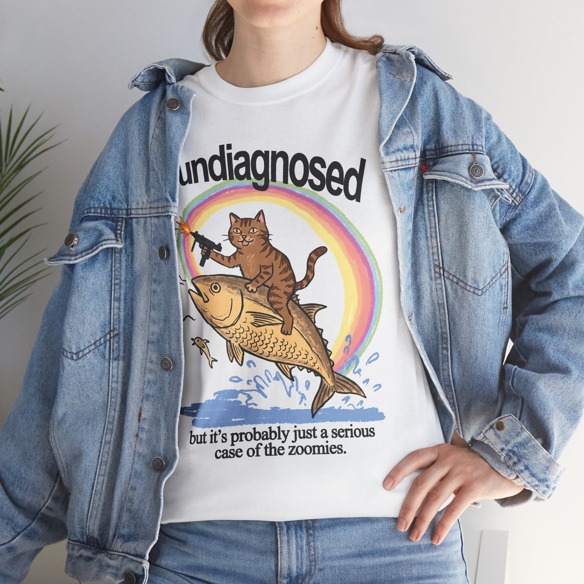 Undiagnosed Case Of The Zoomies T-Shirt — Machine Gun Cat Riding Fish Tee
