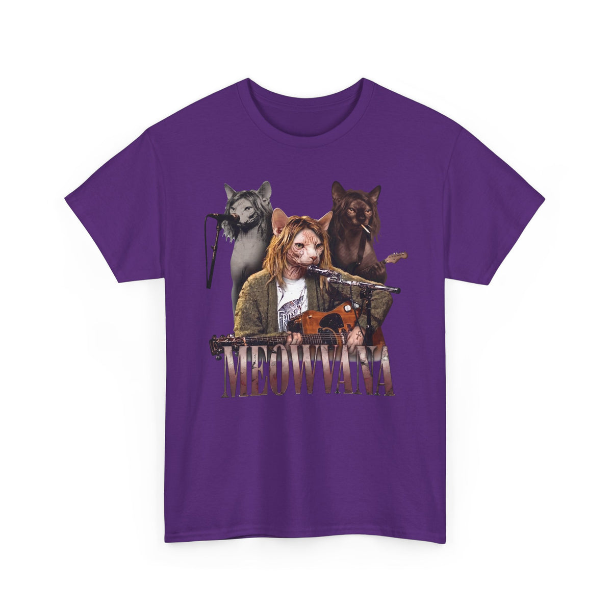 Meowvana Grunge Cat Band T-Shirt — Funny 90s Rock Sphynx Cat Tee