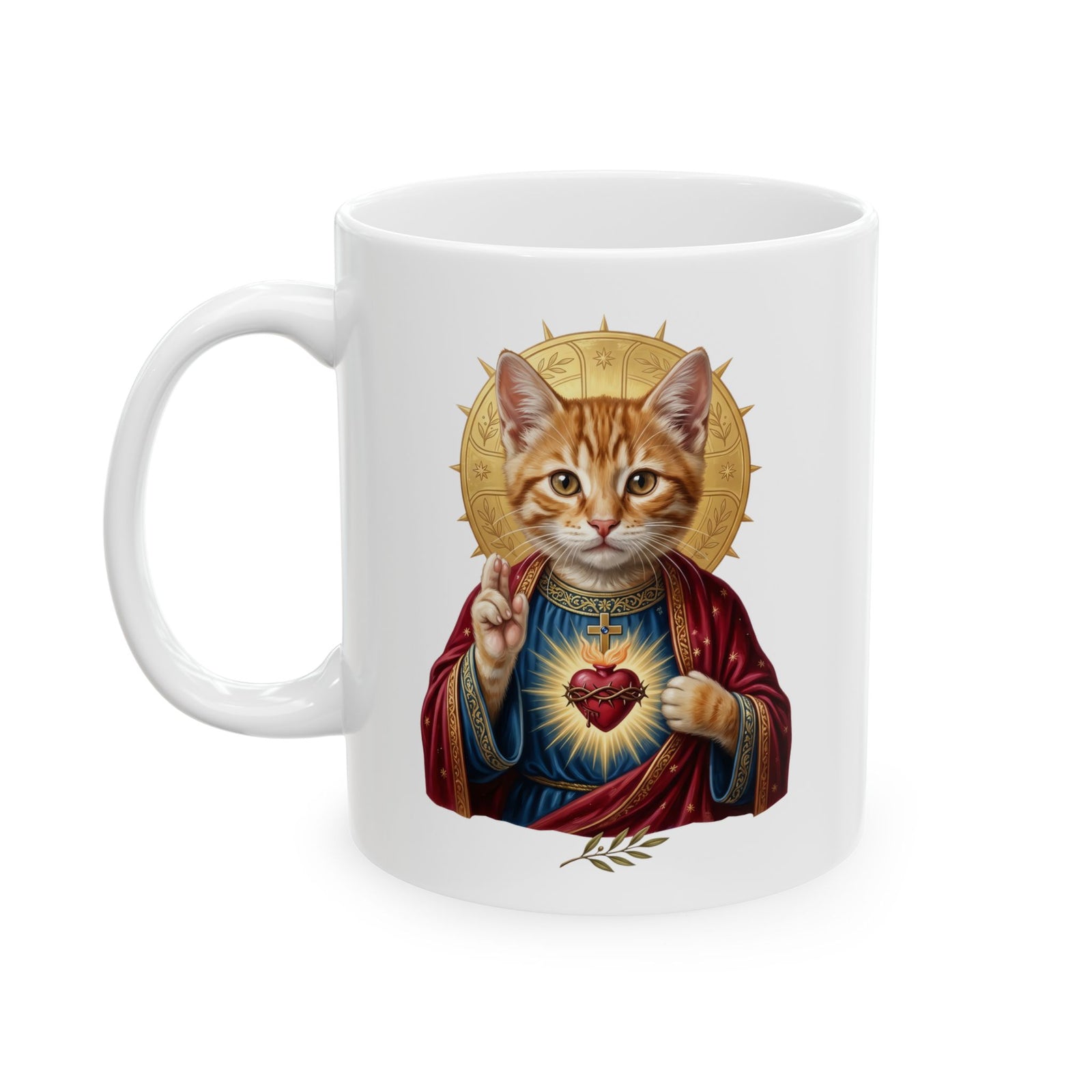 Sacred Heart Cat Ceramic Mug — Christian Religious Cat Lover Graphic Mug