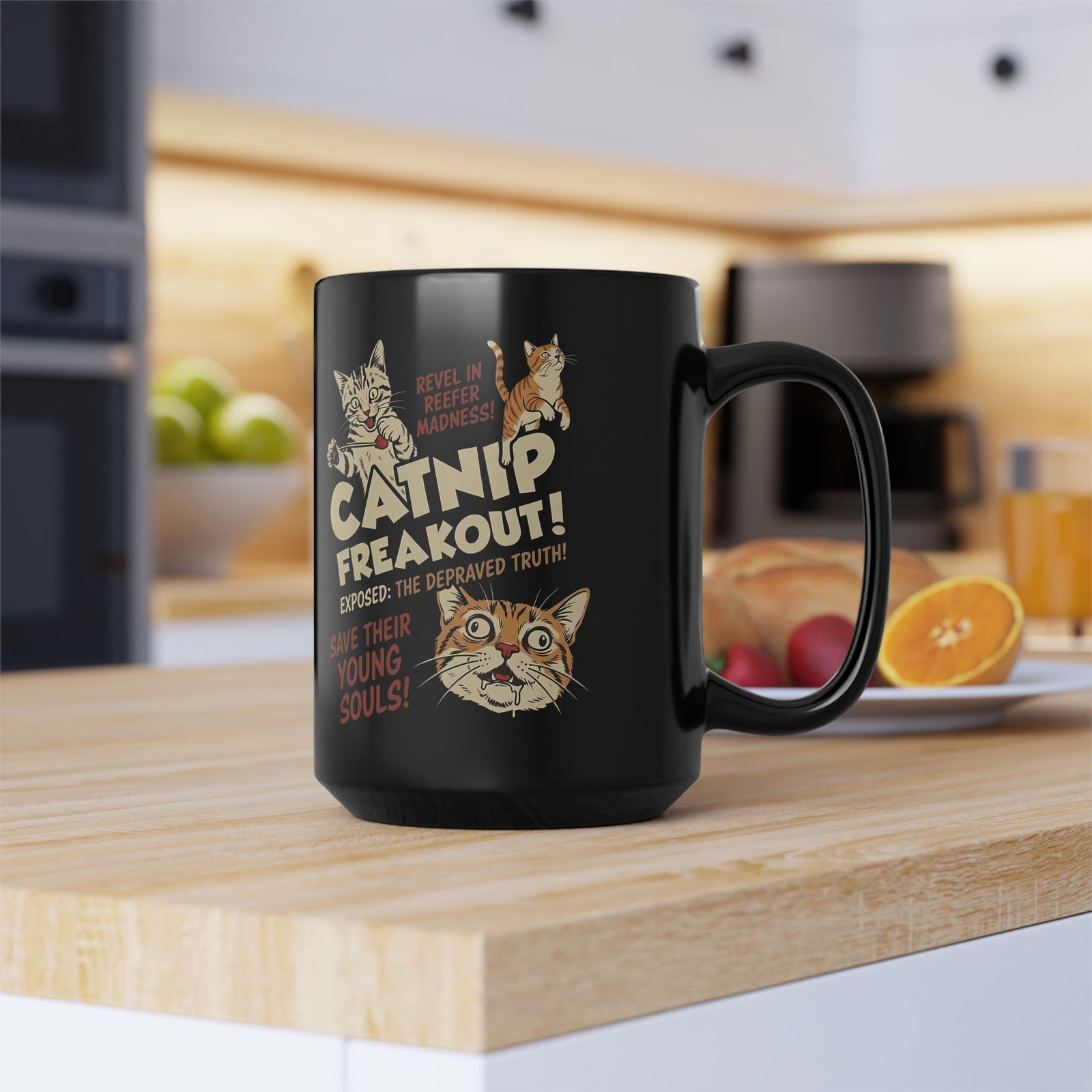Catnip Freakout Black Mug — Funny Cat Lover Mug