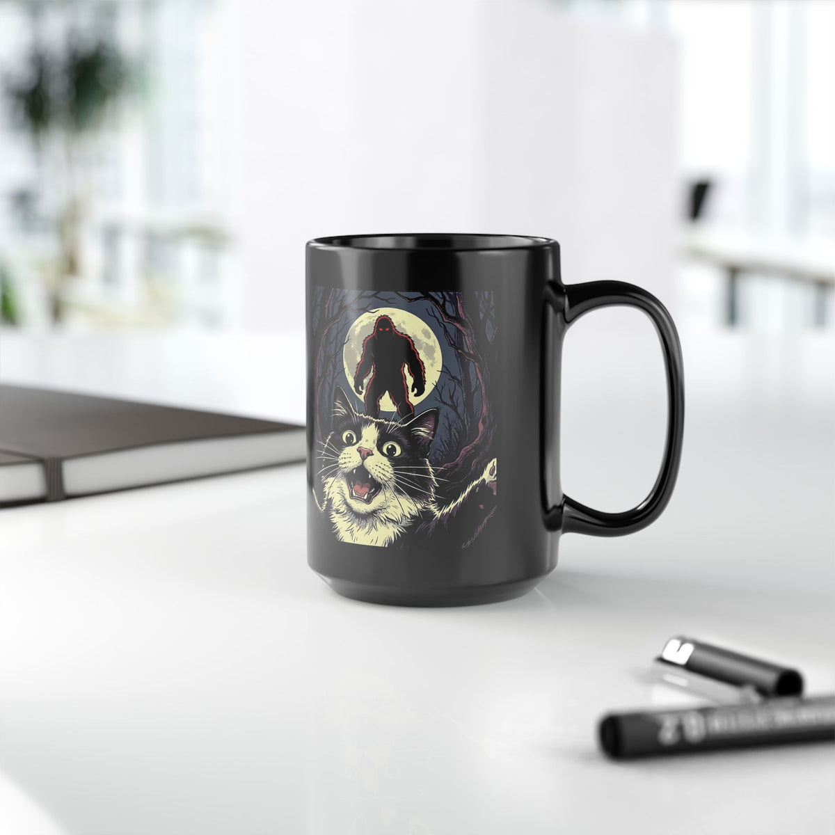 Cat Selfie with Bigfoot Black Mug