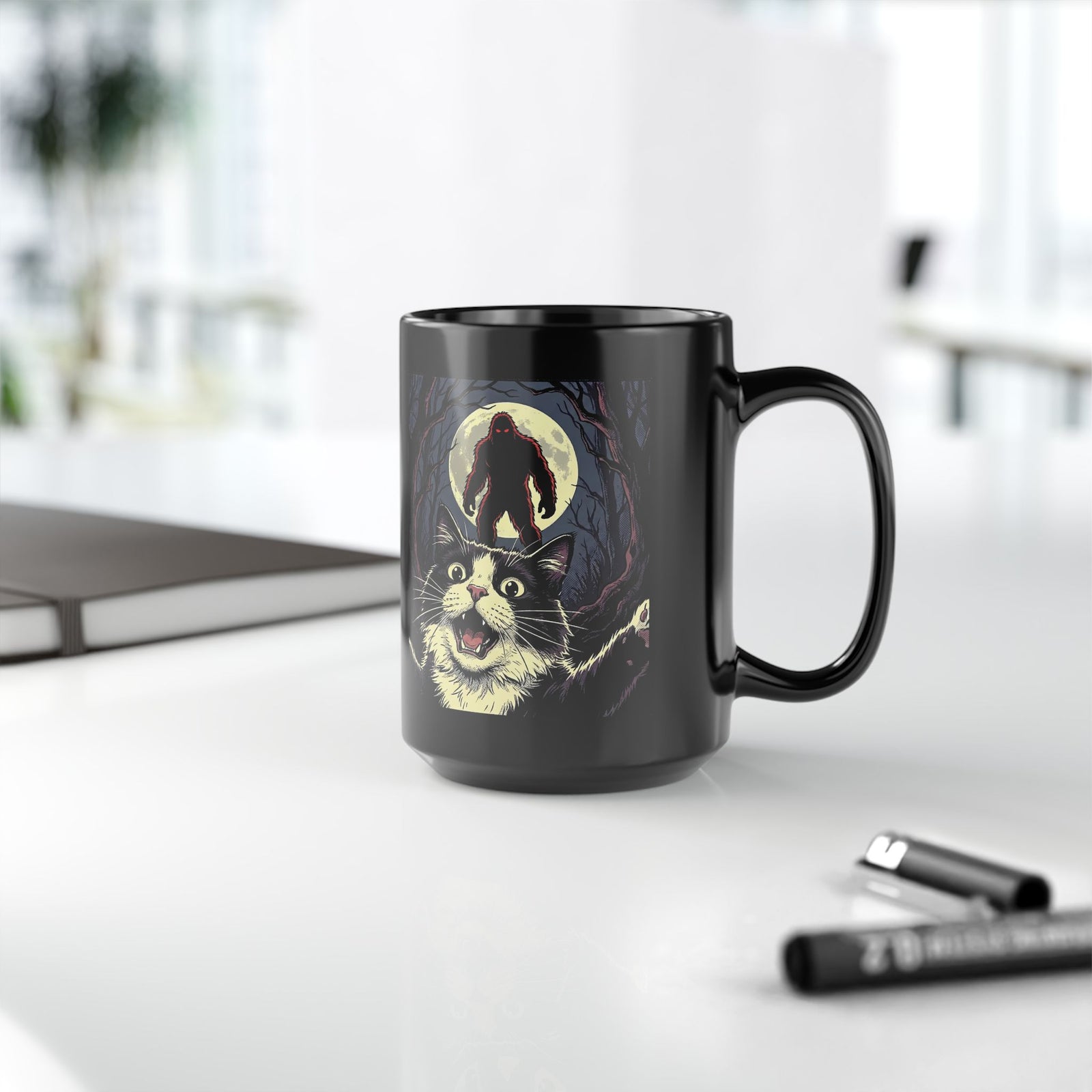 Cat Selfie with Bigfoot Black Mug