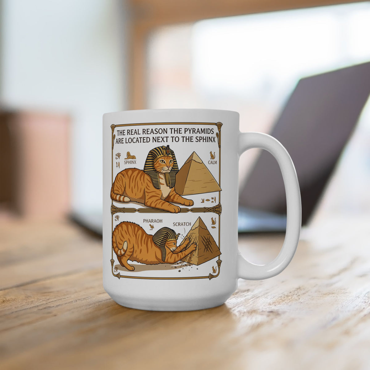 Funny Cat Pyramids Sphinx Ceramic Mug Ancient Egypt Scratching Design