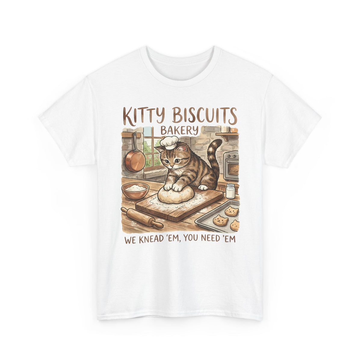 Kitty Biscuits Bakery T-Shirt — "We Knead 'Em We Need 'Em" Cat Bakery Tee