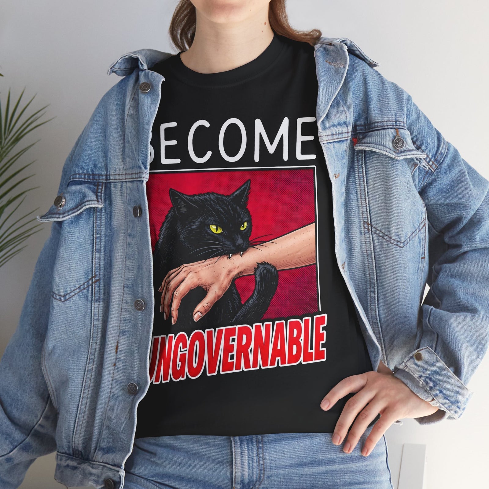 Become Ungovernable Black Cat T-Shirt — Funny Rebel Feline Biting Arm Tee