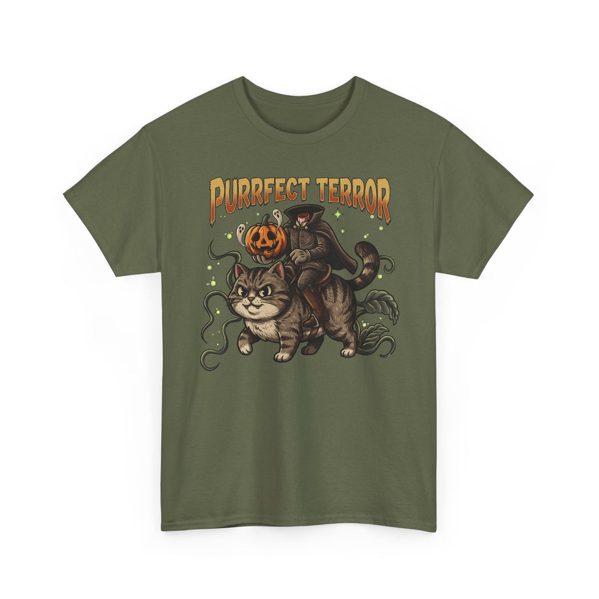 Purrfect Terror Headless Horseman Tabby Cat T-Shirt — Spooky Halloween Tee
