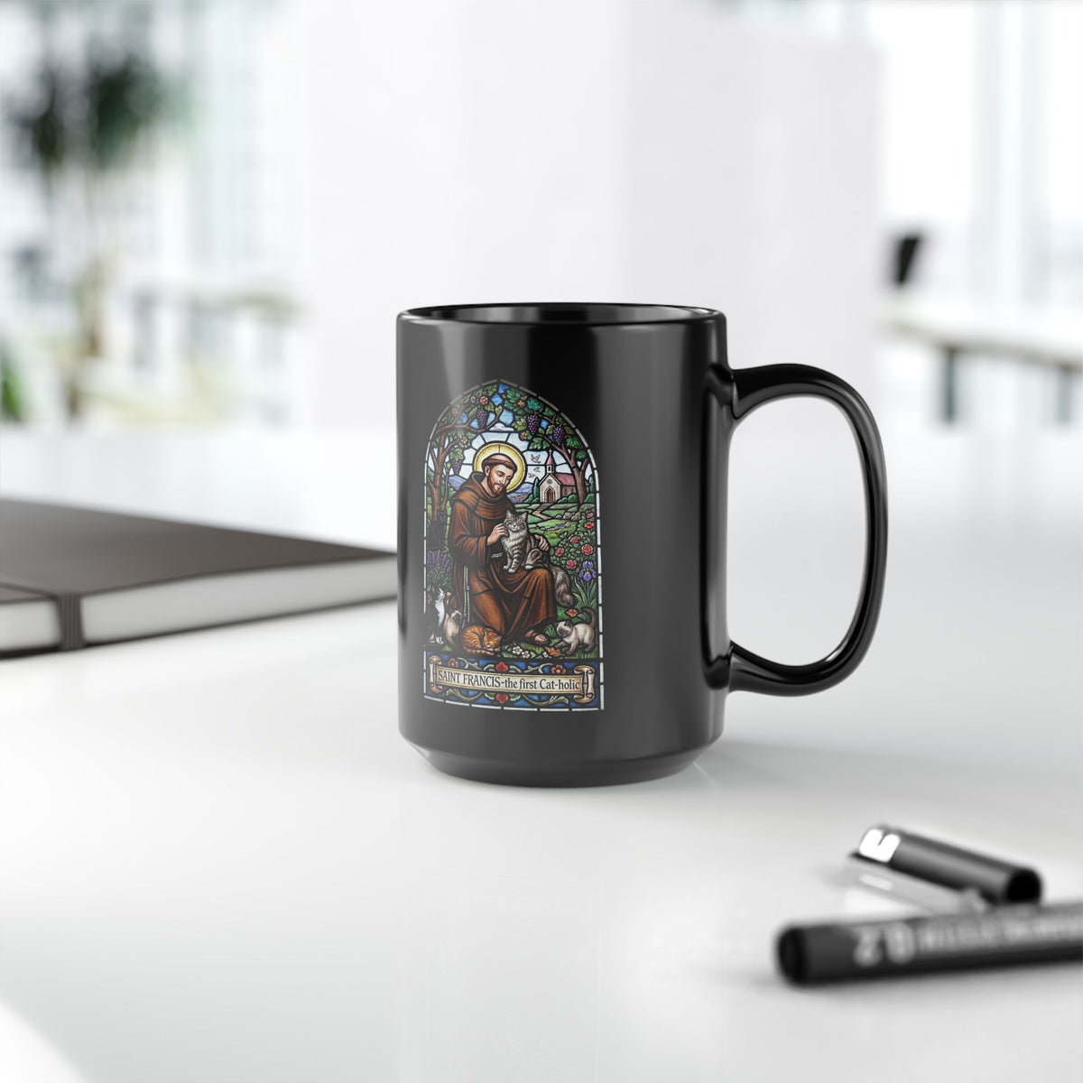 Saint Francis Cat Black Mug — "SAINT FRANCIS — the first Cat-holic"