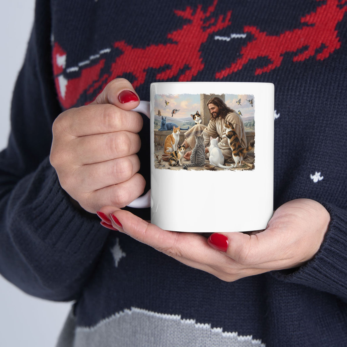 Jesus Surrounded by Cats Ceramic Mug — Religious Cat Lover Mug