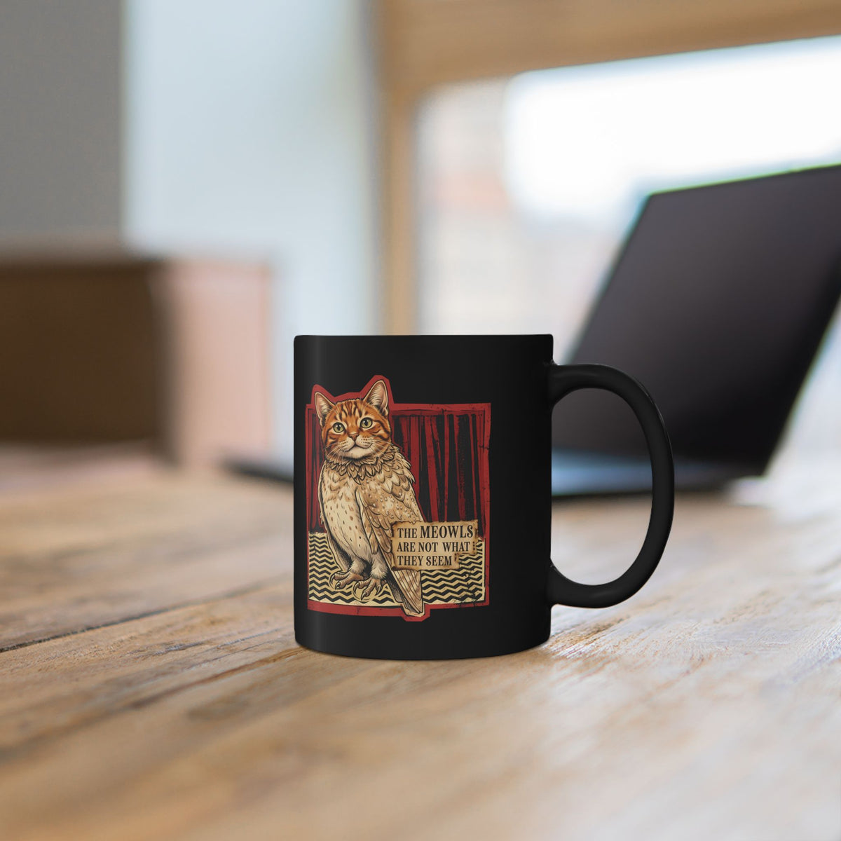 Meowls Are Not What They Seem Black Mug — Mysterious Cat Quote Mug