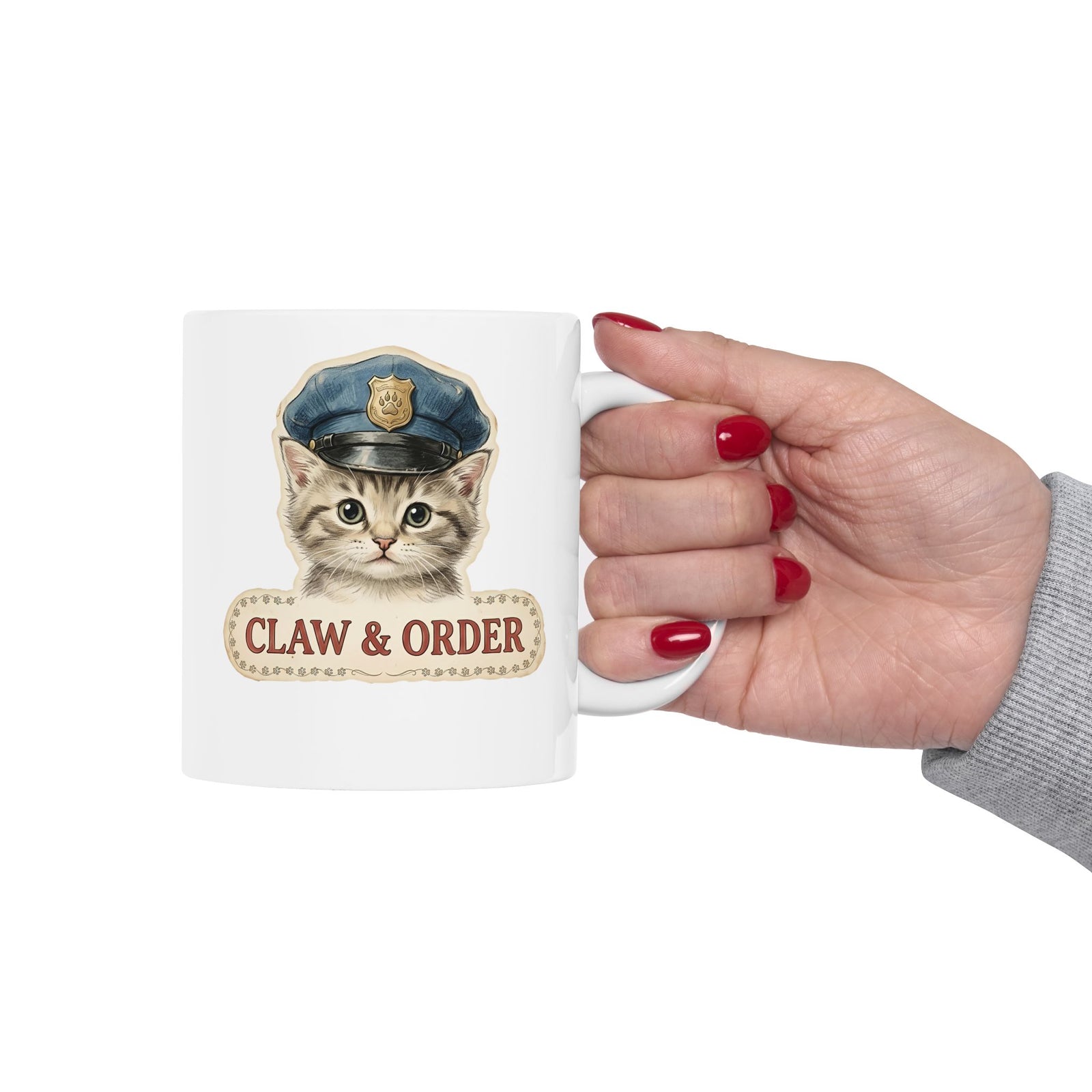 Claw and Order Cat Ceramic Mug — Funny Cat Crime Pun Mug