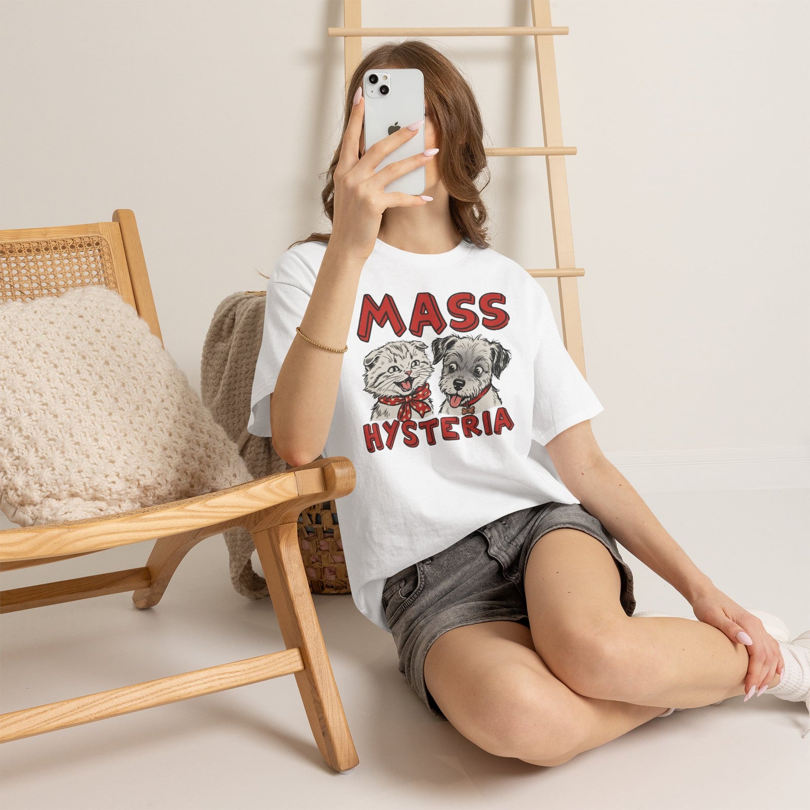 Cat & Dog Mass Hysteria Tee Funny Puppy & Kitten Line Art T-Shirt