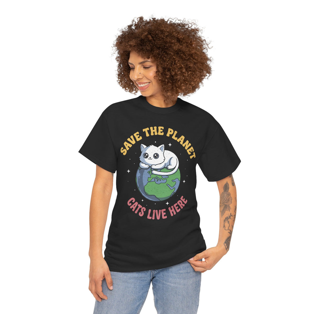 Save The Planet Cats Live Here T-Shirt — Cute White Cat Earth Tee