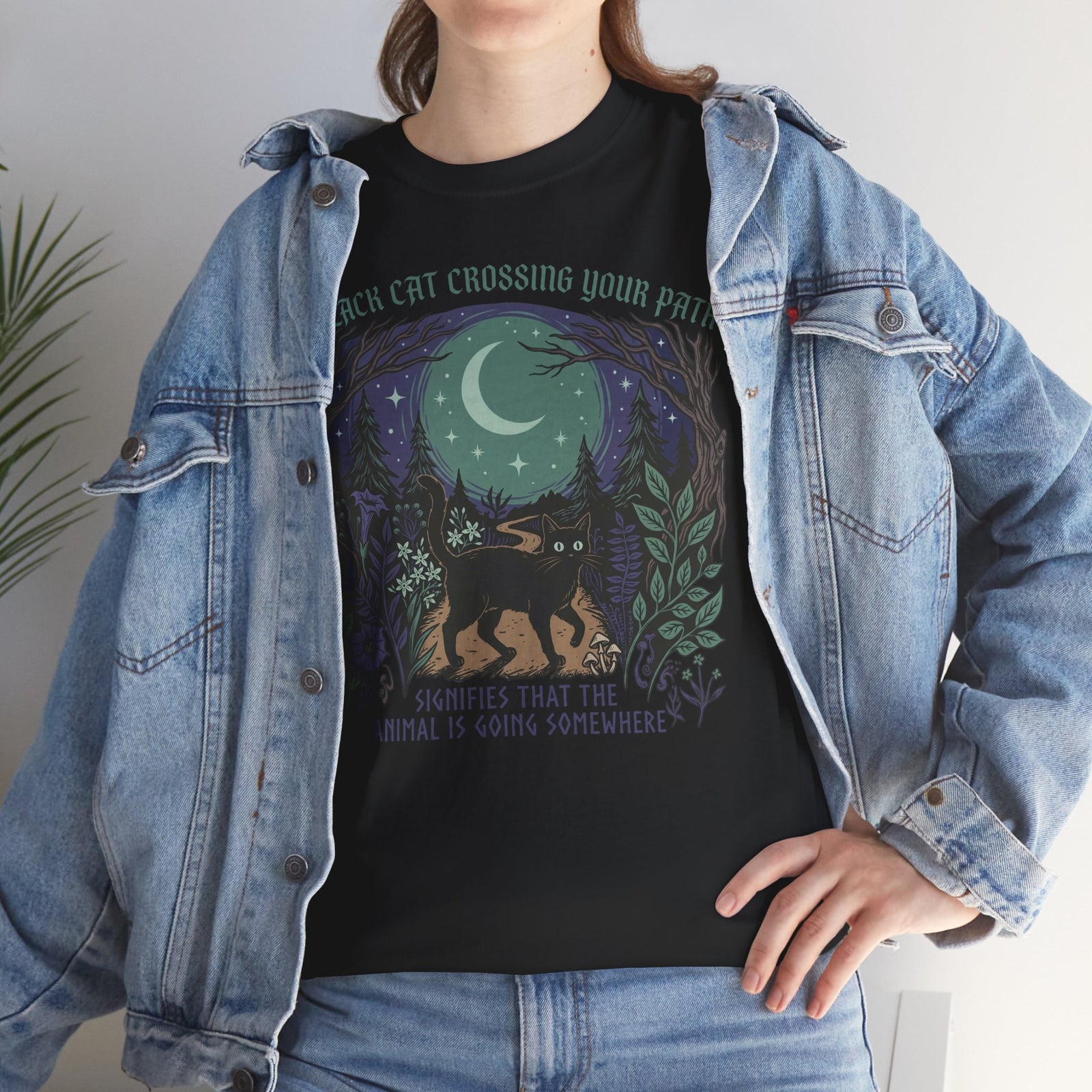Black Cat Crossing Your Path Tee — Whimsical Moonlit Forest Cat Shirt