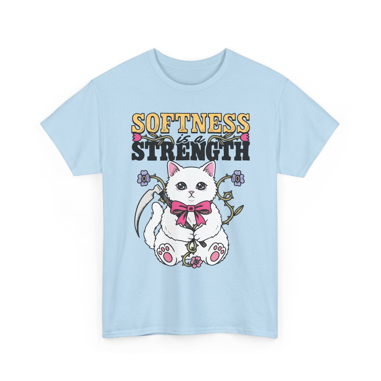 Softness Is A Strength T-Shirt — Funny Cute White Kitten Scythe Graphic Tee