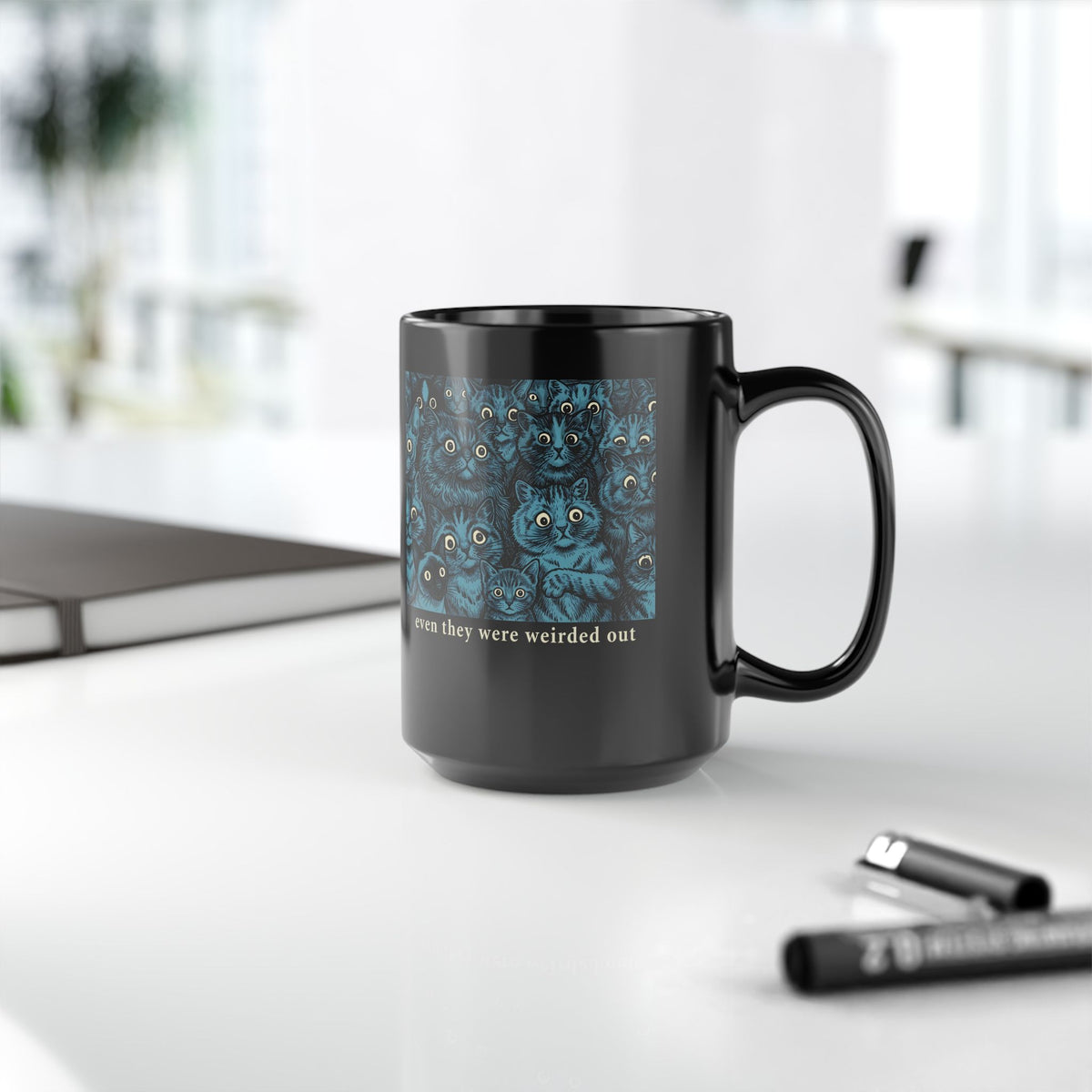 “Even Cats Were Weirded Out” Black Mug — Funny Cat Graphic Mug