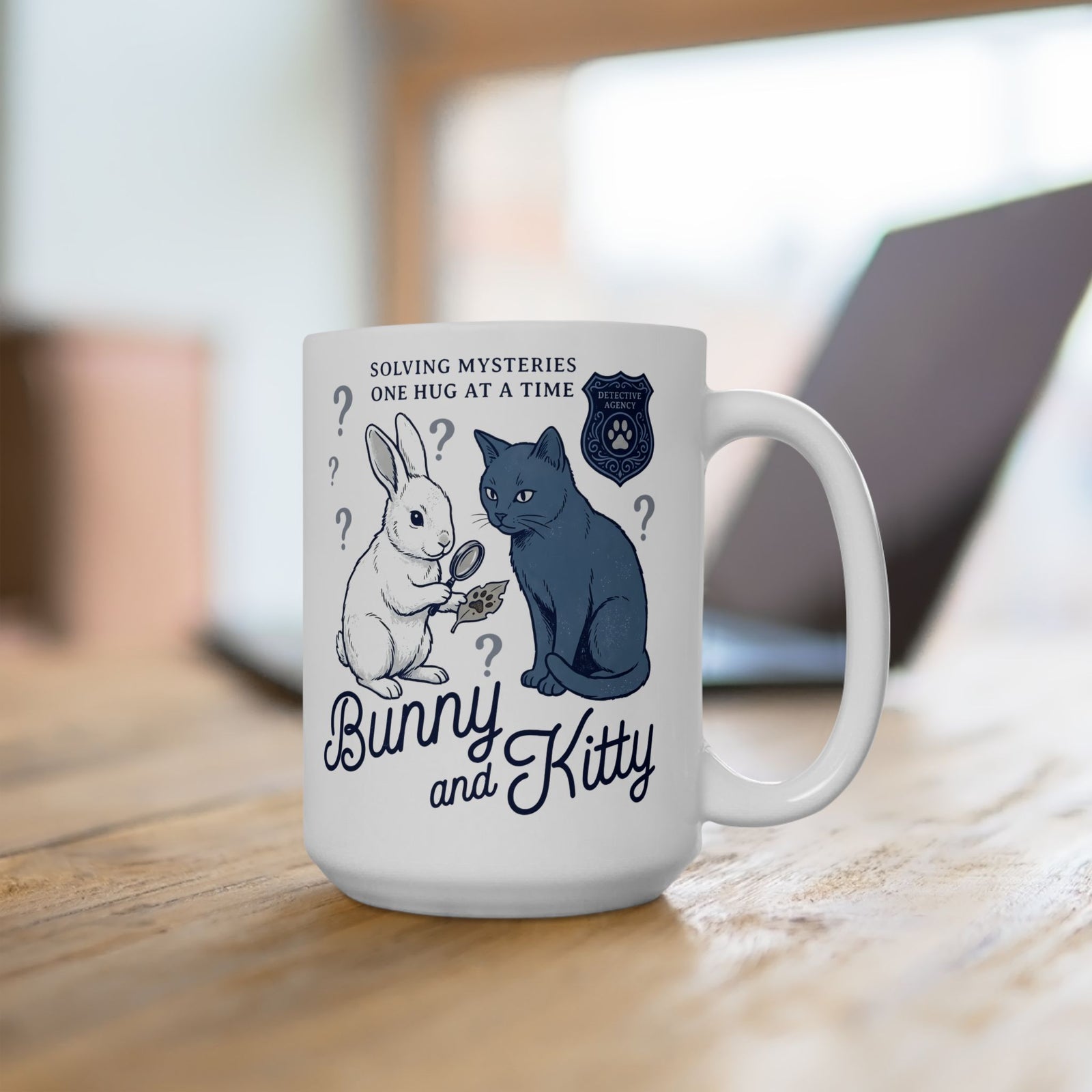 Detective Bunny & Kitty Ceramic Mug — Cute 'Solving Mysteries One Hug At A Time' Mug